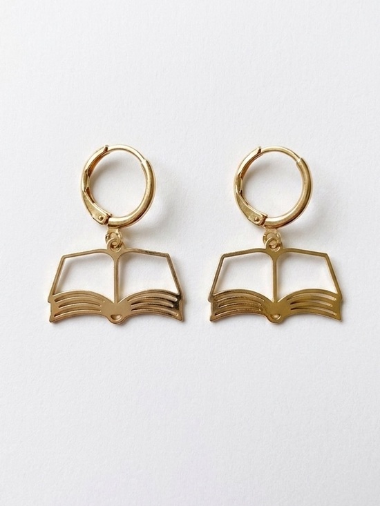 Jewelry - Gold Coloured Open Book Dangle Hoop Earrings